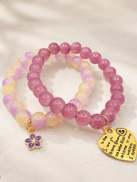 Awaken And Adorn By CAnd I Jewelry - Pink Bracelet Stack, Purple Flower Charm Bracelet, Coquette Beaded Bracelets